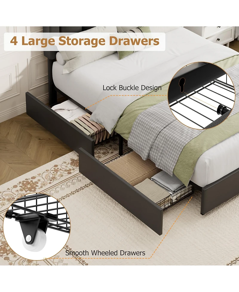 Homfan Led Bed Frame with 4 Drawers, Pu Leather Platform Charging Station for Bedroom