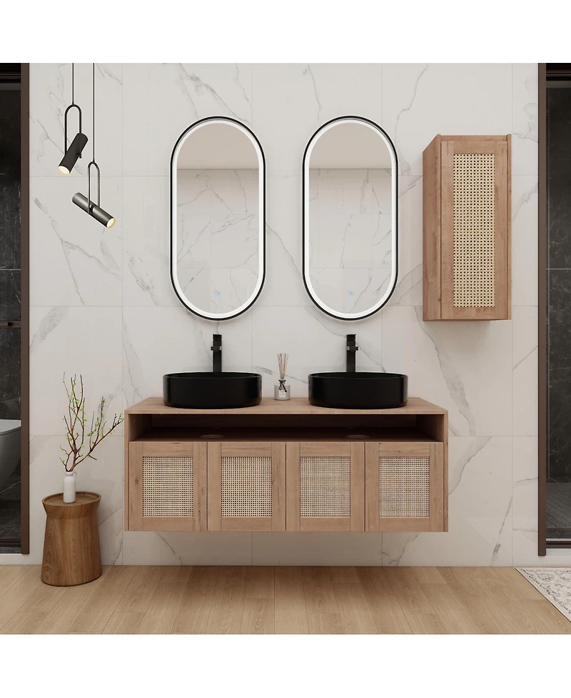 Sillysis 47 Inch Wall Mounted Double Bathroom Vanity Set, Modern Plywood Cabinet with Dual Vessel Sinks, Rotating Rattan Side Storage