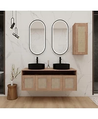 Sillysis 47 Inch Wall Mounted Double Bathroom Vanity Set, Modern Plywood Cabinet with Dual Vessel Sinks, Rotating Rattan Side Storage