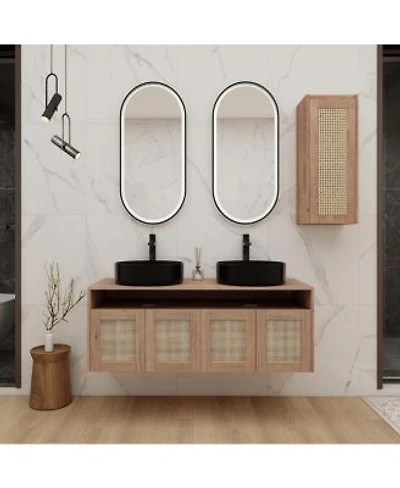 Sillysis 47 Inch Wall Mounted Double Bathroom Vanity Set Modern Plywood Cabinet With Dual Vessel Sinks Rotating Rattan Side Storage