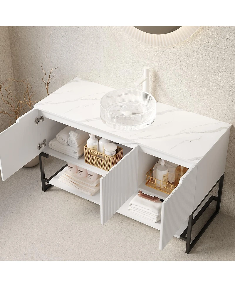 Sillysis 48 Inch Modern Bathroom Vanity with Glass Vessel Sink, Soft Close Doors, Sintered Stone Top, Large Open Shelf Storage