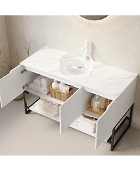 Sillysis 48 Inch Modern Bathroom Vanity with Glass Vessel Sink, Soft Close Doors, Sintered Stone Top, Large Open Shelf Storage