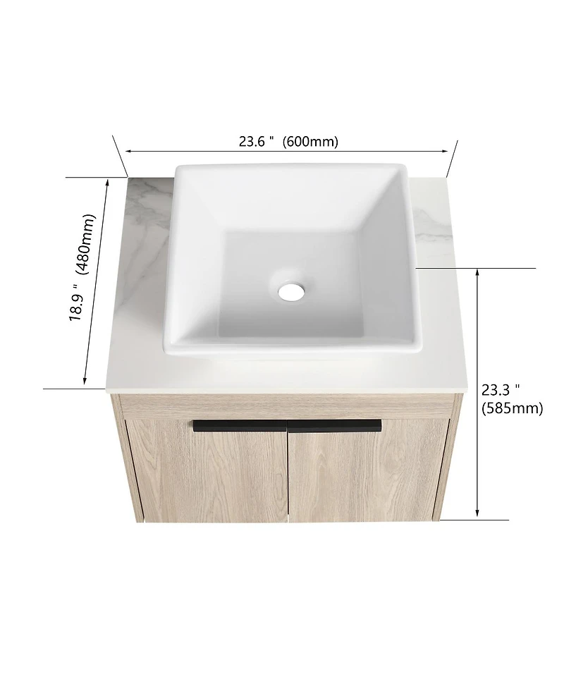 Sillysis Wall Mounted Bathroom Vanity with Ceramic Vessel Sink, Side Storage Shelf, Soft Close Doors