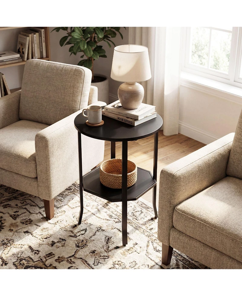 Gymax Round End Table 2-Tier Night Stand w/Storage Shelf Industrial Bedside Rustic