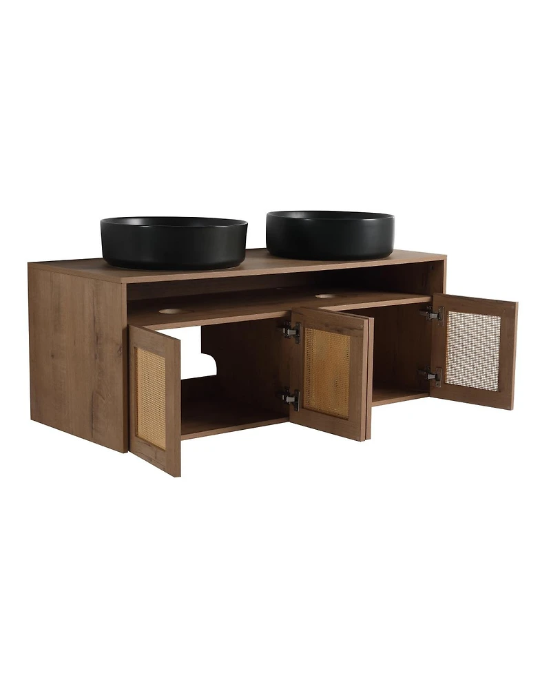 Sillysis Wall Mounted Double Bathroom Vanity, Modern Plywood Cabinet with Dual Vessel Ceramic Sinks, Open Storage Shelf