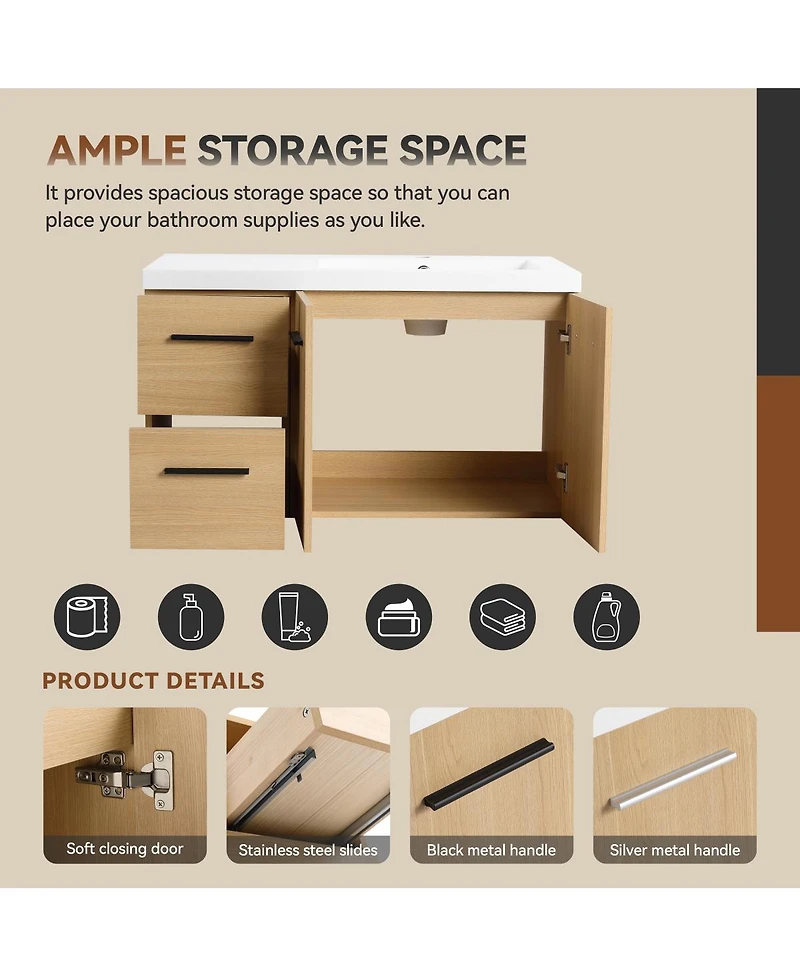Sillysis 36 Inch Wall Mounted Bathroom Vanity with Drawers, Resin Sink, Soft Close Doors