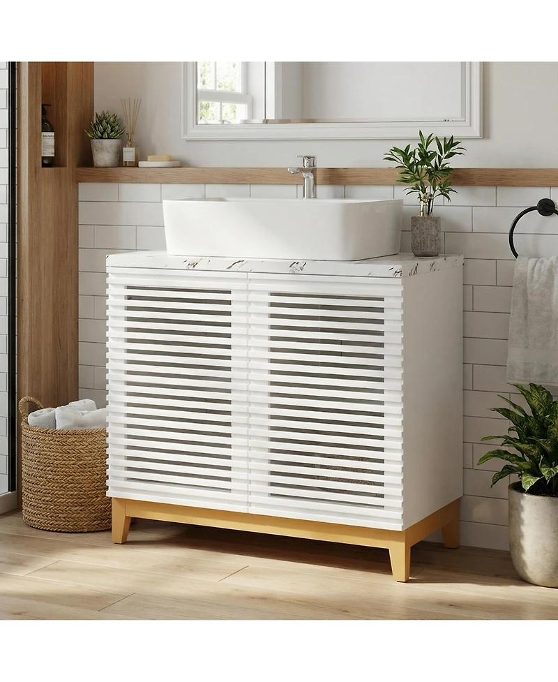 Homsee 2-Door Bathroom Vanity with Sink - 31.5-Inch Wide Modern Cabinet with Integrated Ceramic Basin and Horizontal Stripe Texture