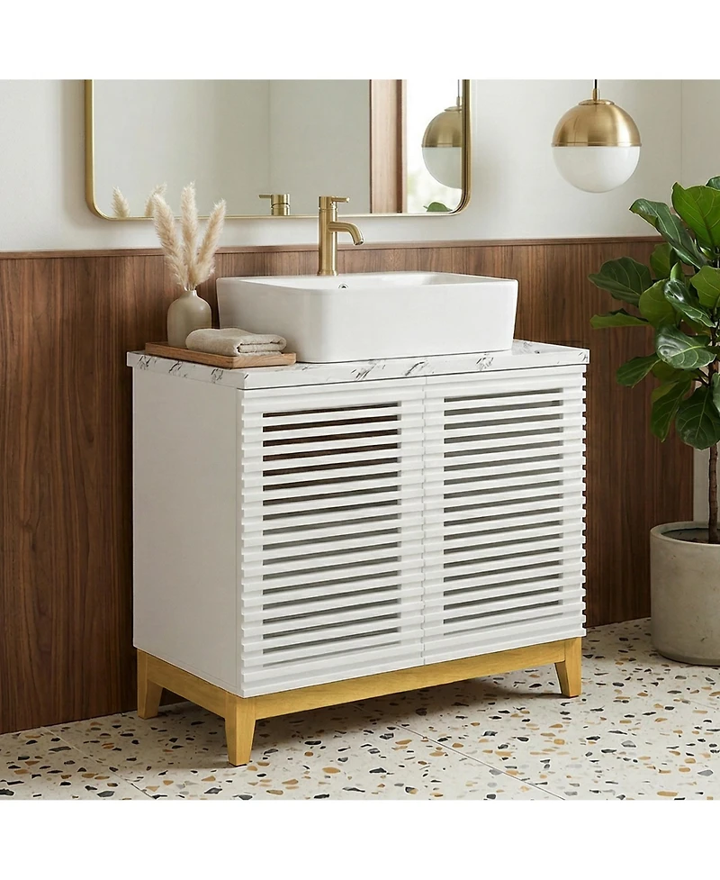 Homsee 2-Door Bathroom Vanity with Sink - 31.5-Inch Wide Modern Cabinet with Integrated Ceramic Basin and Horizontal Stripe Texture