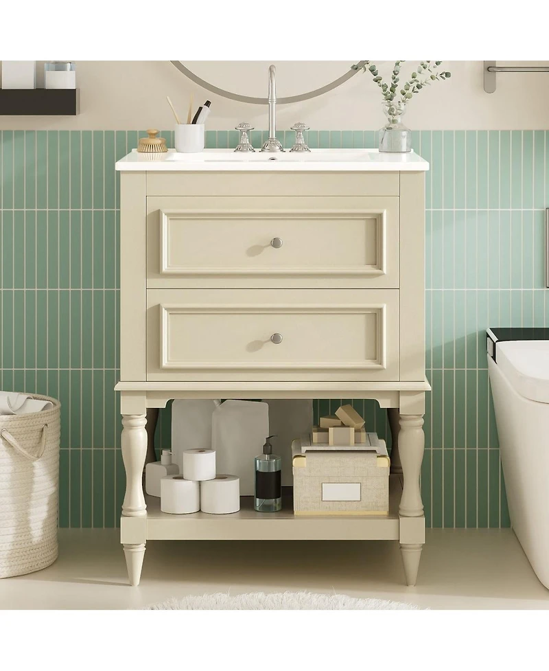 Thirtypeachy 24" French White Simple Solid Wood Mdf Bathroom Vanity With Ceramic Sink, 2 Drawers Adjustable Shelf, 4" Faucet Fit