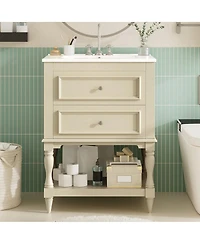 Thirtypeachy 24" French White Simple Solid Wood Mdf Bathroom Vanity With Ceramic Sink, 2 Drawers Adjustable Shelf, 4" Faucet Fit