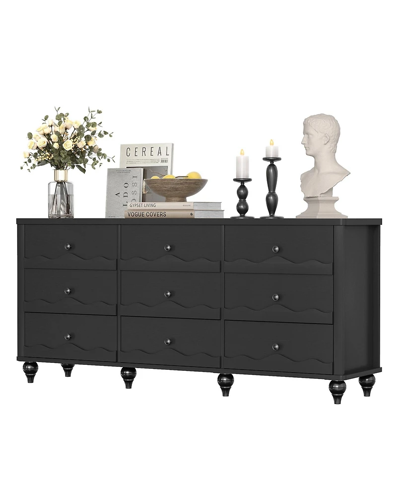 Aheaplus Wooden 9 Drawers Dresser Storage Cabinet with Scalloped Front
