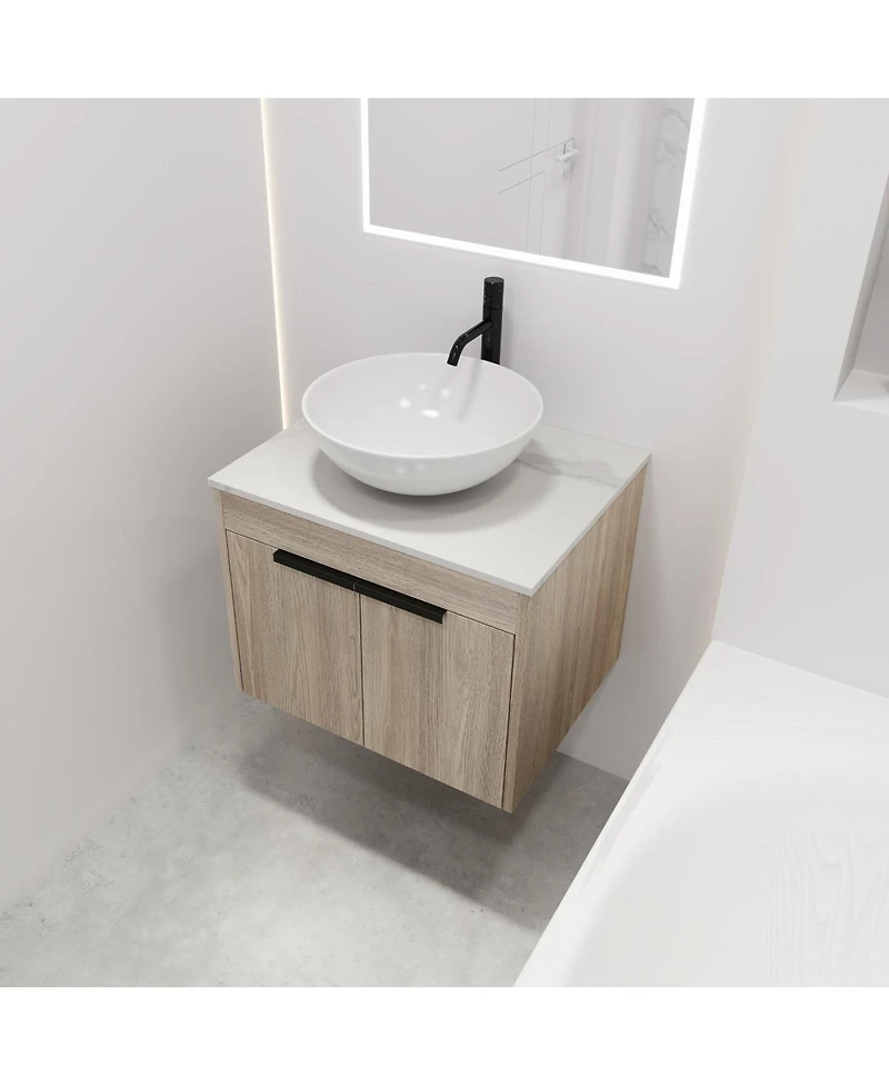 Sillysis Wall Mounted Bathroom Vanity with Ceramic Vessel Sink, Stone Top, Soft Close Doors