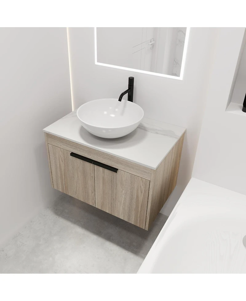 Sillysis Wall Mounted Bathroom Vanity with Ceramic Vessel Sink, Stone Top, Soft Close Doors