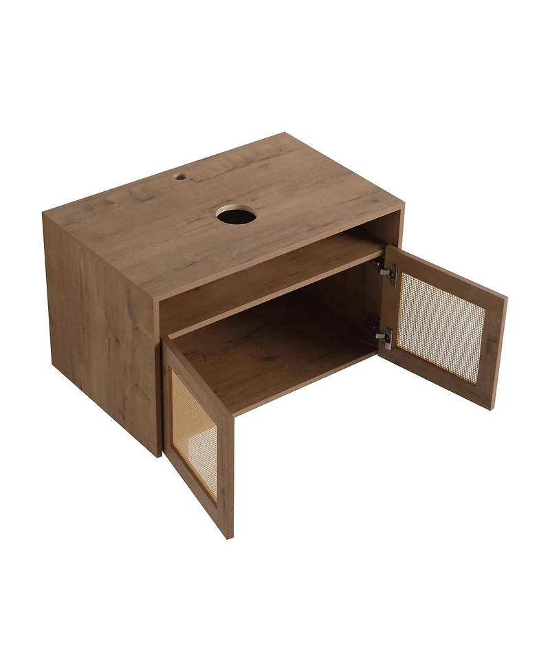 Sillysis Wall Mounted Bathroom Vanity Set, Modern Plywood Cabinet with Vessel Sink, Rotating Rattan Side Storage