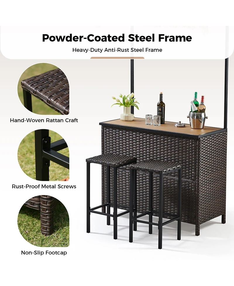 Pocassy 3-Piece Outdoor Tiki Bar Set with Palapa Top, Wicker Islander Tiki Bar and 2 Wicker Stools for Garden
