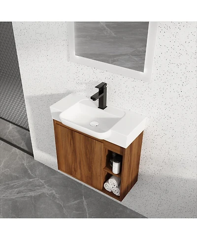 Thirtypeachy 24" Ebony Wall-Mounted Plywood Bathroom Vanity With Ceramic Sink, Soft-Close Door, 2 Open Shelves