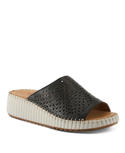 Spring Step Women's Rhydian Slip-On Leather Wedge Sandals - Perforated Flower Design, Cushioned Footbed