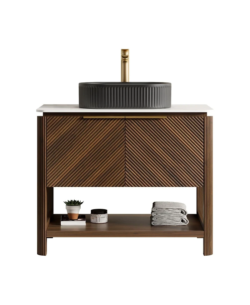 Sillysis Modern Bathroom Vanity with Vessel Sink, Sintered Stone Countertop, Soft Close Solid Wood 3D Doors