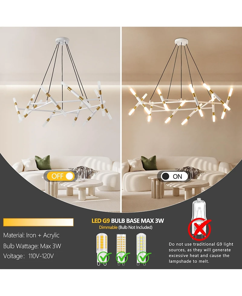 Midola 41" Modern Chandelier Light Fixture, Branch Design with Frosted Tubes, Cords, Adjustable Height Pendant Light