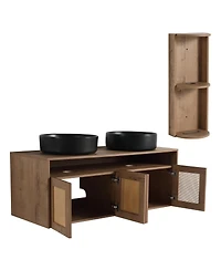 Sillysis Wall Mounted Double Bathroom Vanity Set, Modern Plywood Cabinet, Dual Vessel Ceramic Sinks, Open Storage Rack