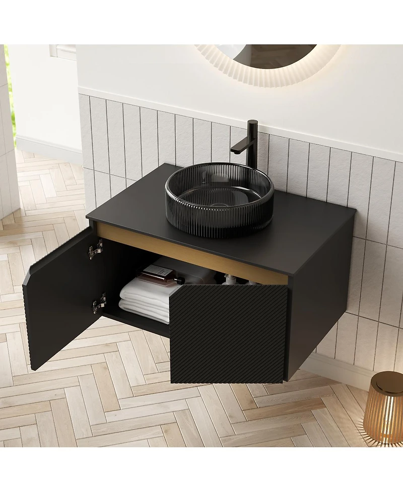 Sillysis Wall Mounted Bathroom Vanity with Glass Basin, Sintered Stone Top, Soft Close Door