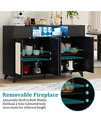 homfan Modern Boho Rattan Sideboard Buffet, 4-Door 2-Drawer Credenza with Built-in Outlets, Led Lighting and Adjustable Shelves for Multi-Room Storage