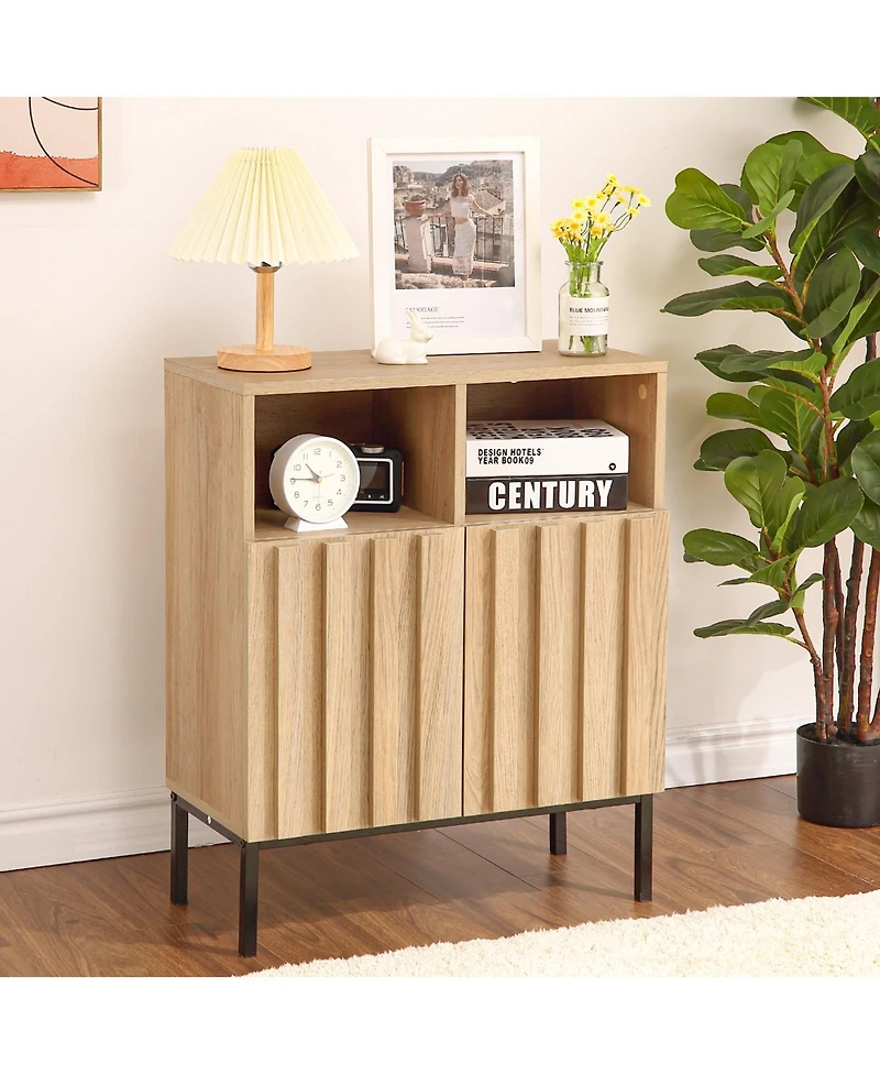 homfan Modern Industrial Entryway Storage Cabinet, Fluted Panel Door, Adjustable Shelves, Metal Legs, Buffet Sideboard