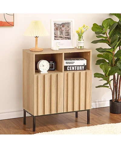 homfan Modern Industrial Entryway Storage Cabinet, Fluted Panel Door, Adjustable Shelves, Metal Legs, Buffet Sideboard