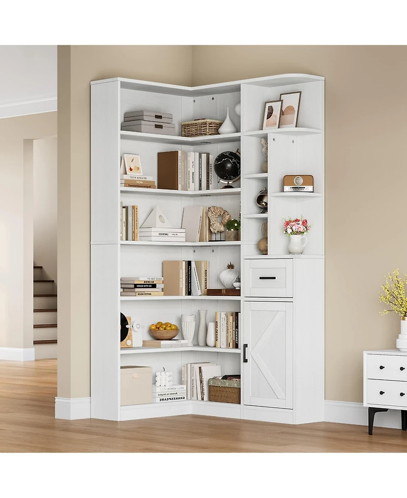 homfan 74 Inch Tall Corner 6-Tier Book Shelf with Drawer and Cabinets, l-Shaped Bookcase Open Storage Shelves Modern Display Shelf for Home, Office