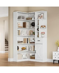 homfan 74 Inch Tall Corner 6-Tier Book Shelf with Drawer and Cabinets, l-Shaped Bookcase Open Storage Shelves Modern Display Shelf for Home, Office
