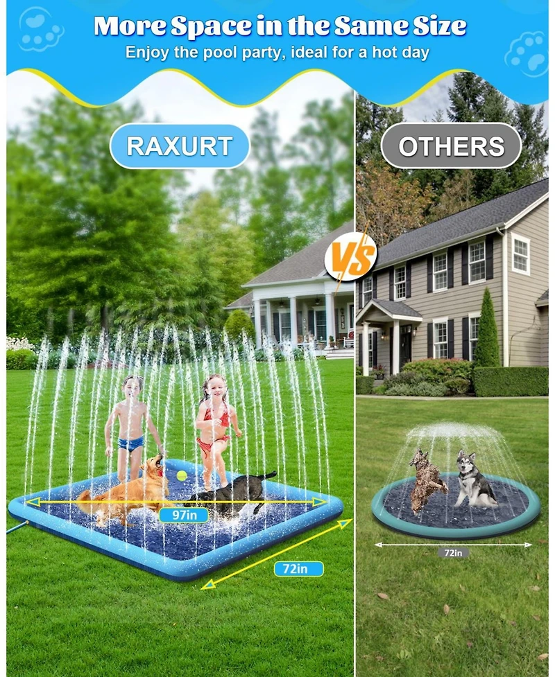 Aofar 72" Splash Pad Square Dog Pool Sprinkler Non-slip Durable