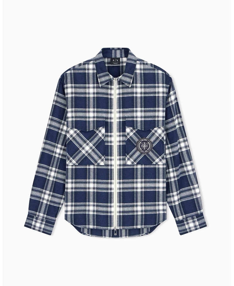 A|X Armani Exchange Men's Crossover Plaid Cotton Shirt with Back Graphic