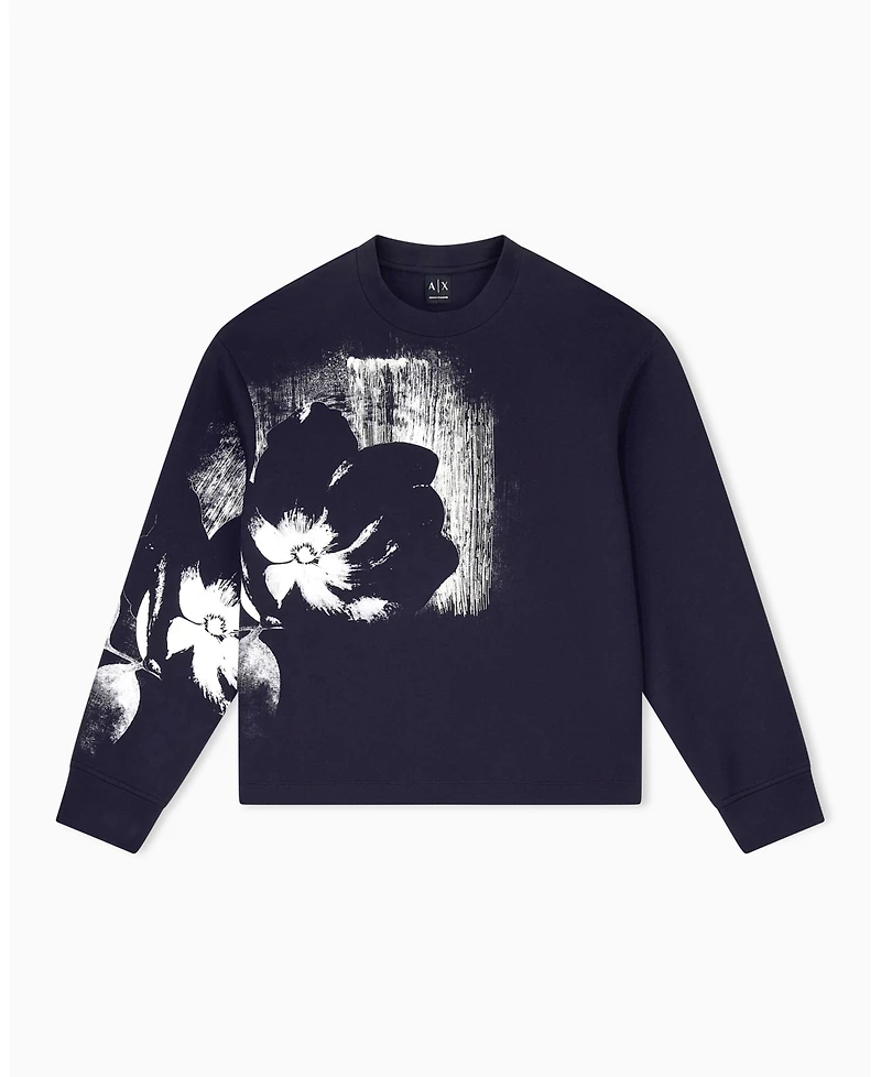 A|X Armani Exchange Men's Exposed Flower Bonded Cotton Crewneck Sweatshirt