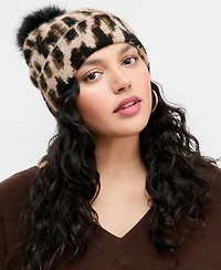I.n.c. International Concepts Women's Leopard-Print Knit Pom-Pom Beanie, Macy's Exclusive
