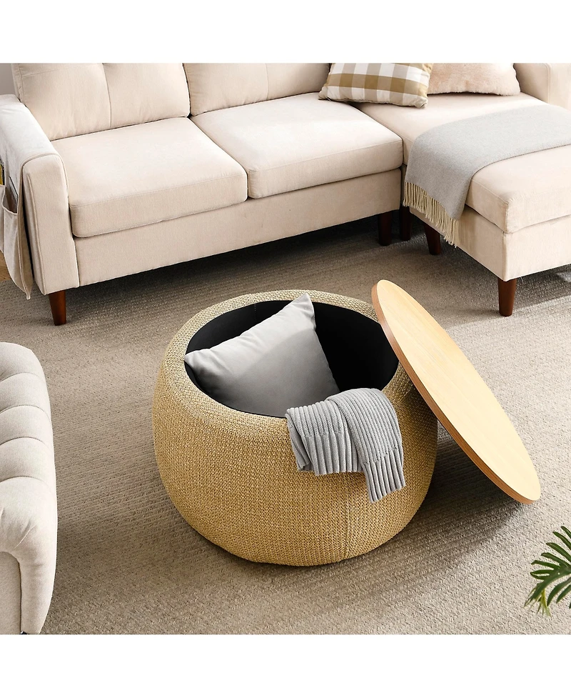 Rainsken Linen Upholstered Round Storage Ottoman
