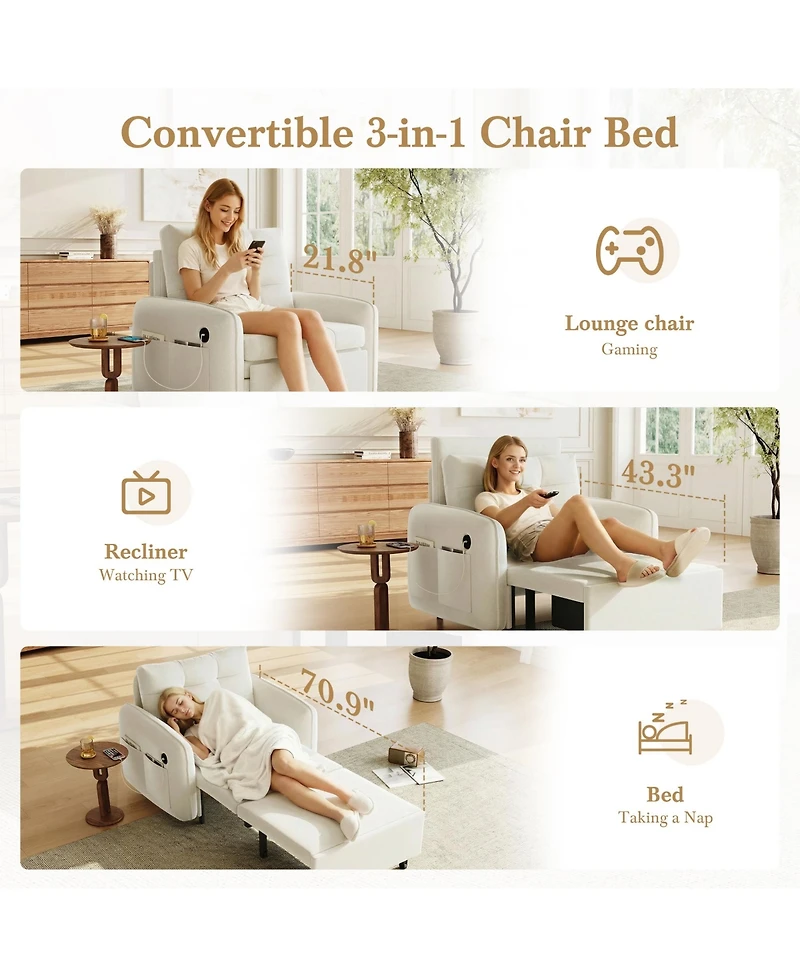 Rainsken Chenille Single Sofa Bed, 80" Extra Long Pull Out Sleeping Lounge with Usb Charging, Storage Pockets and Box for Living Room