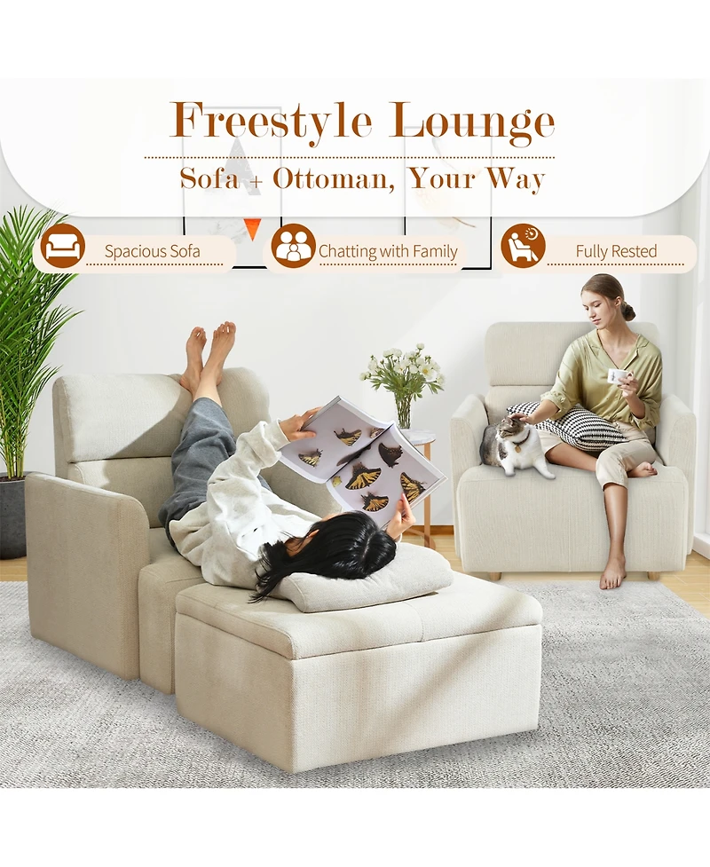 Rainsken Modern Oversized Accent Chair, Comfy Upholstered Armchair with Storage Ottoman and Side Pillows for Living Room, Reading Nook