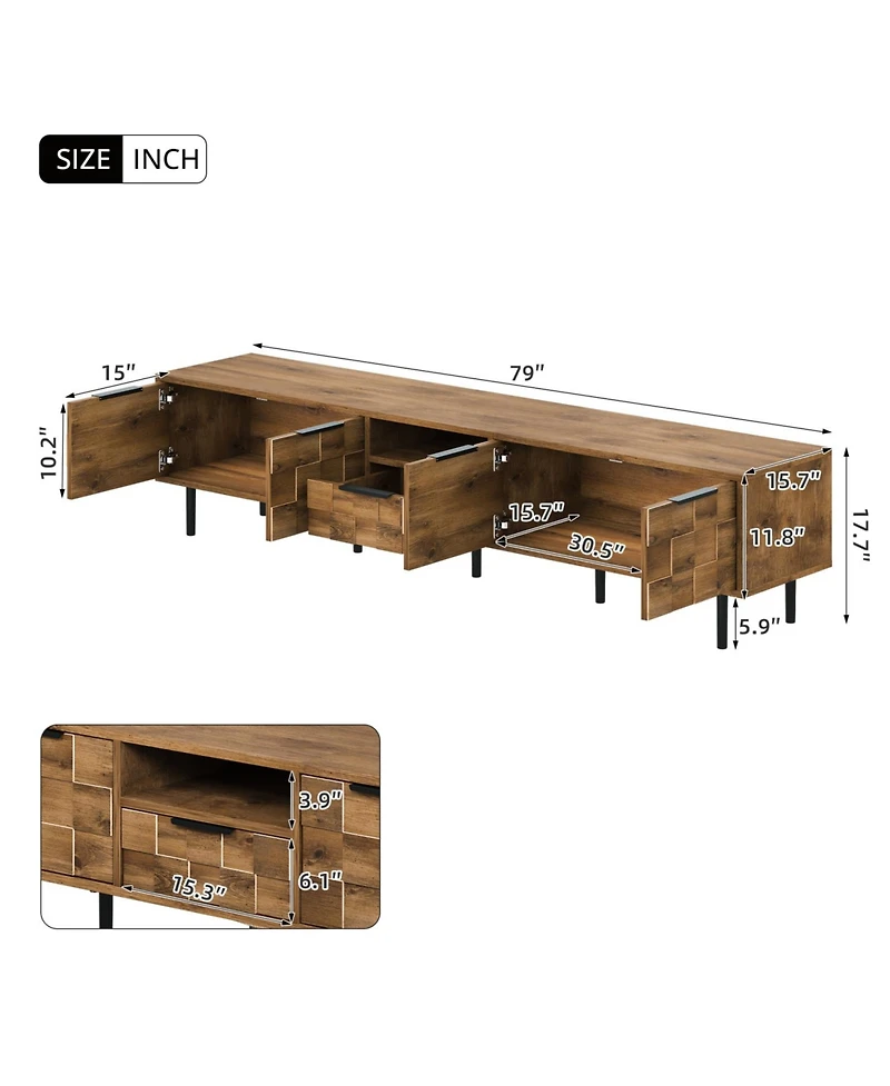 Rainsken 78" Modern Tv Stand, for TVs Up to 85", with Checkered Cabinet Doors, Storage Drawers and Open Shelves, for Living room, Bedroom