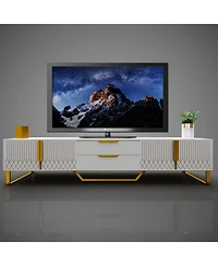 Rainsken Tv Stand, with Two Drawers and Cabinets, Metal Legs, for TVs up to 75inch, Carving Design, Large Storage Space, for Living Room, Bedroom