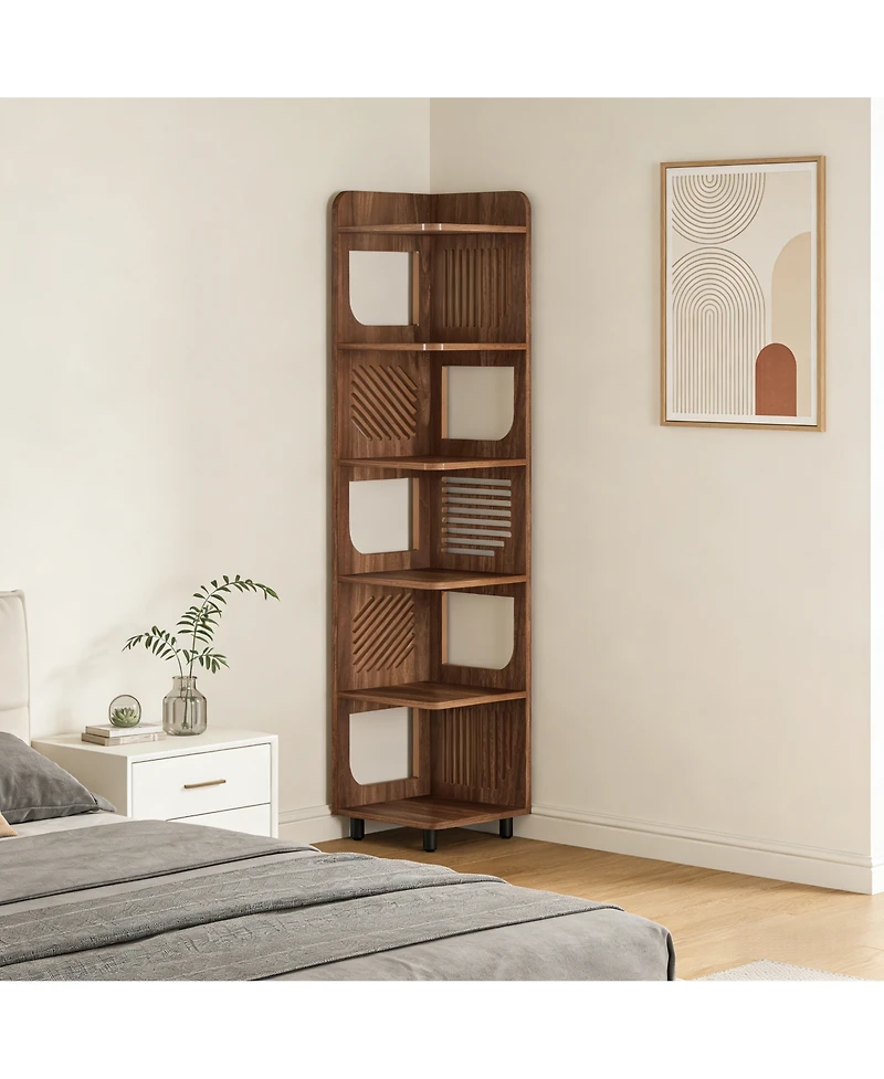 Rainsken Rustic 6-Tier Tall Corner Shelf, Freestanding Book Display Shelf with Hollowed Design and Metal Legs for Living Room, Bedroom, or Office