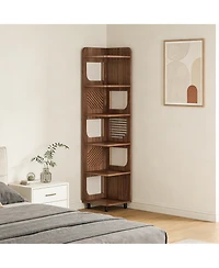 Rainsken Rustic 6-Tier Tall Corner Shelf, Freestanding Book Display Shelf with Hollowed Design and Metal Legs for Living Room, Bedroom, or Office
