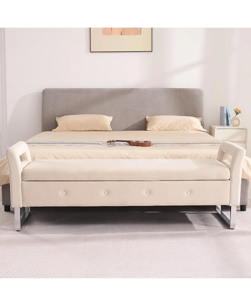 Rainsken Storage Ottoman, 67.91" Velvet Upholstered End of Bed Bench with Armrests for Living Room, Entryway