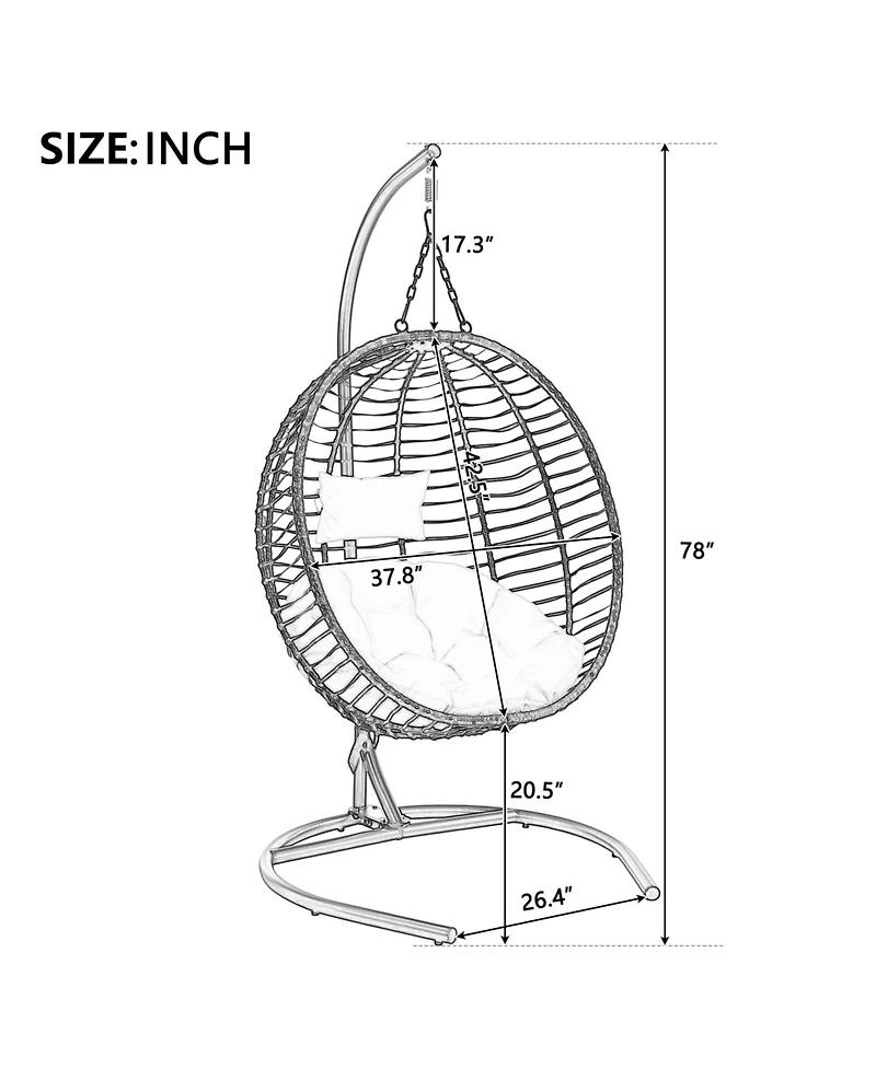 Rainsken Hanging Egg Chair with Cushion, Indoor Outdoor, Patio Wicker Hammock Chair, 350lbs Capacity, Metal Frame, for Patio Balcony Backyard