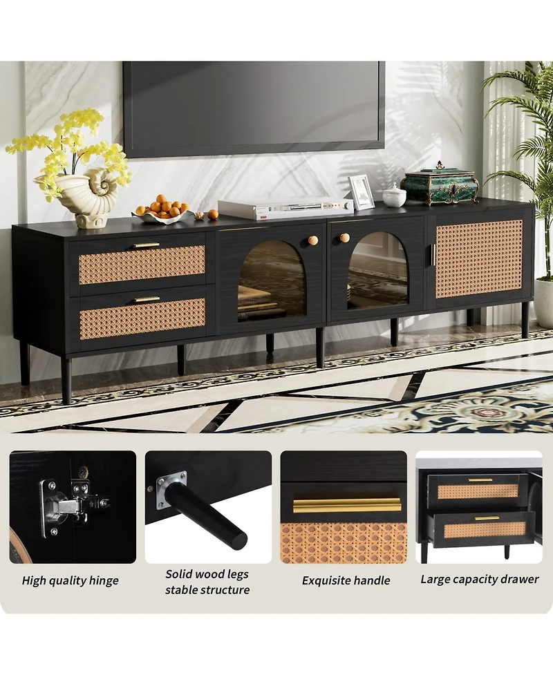 Rainsken 71'' Led Rattan Tv Stand, with 3 Cabinets and 2 Drawers, for TVs up to 80'', Rattan-inspired Media Console Table, for Living room, Bedroom