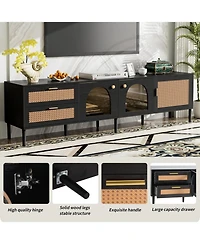 Rainsken 71'' Led Rattan Tv Stand, with 3 Cabinets and 2 Drawers, for TVs up to 80'', Rattan-inspired Media Console Table, for Living room, Bedroom
