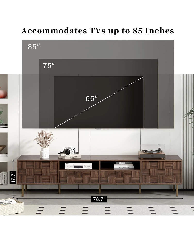 Rainsken 80" Mid Century Tv Stand, with 2 Drawers, 2 Doors, and Open Space, for TVs Up to 85", Media Console, for Living room, Bedroom