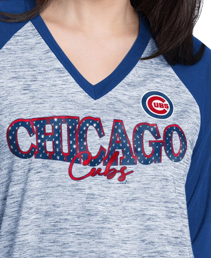 G-iii 4Her by Carl Banks Women's Royal/Heather Gray Chicago Cubs Speed Training 3/4-Sleeve Rhinestone V-Neck T-Shirt