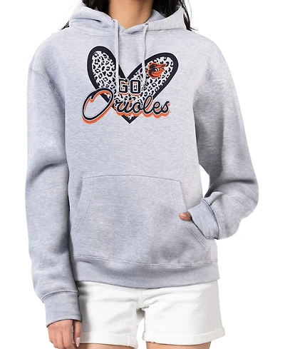 G-iii 4Her by Carl Banks Women's Heather Gray Baltimore Orioles Leopard Heart Pullover Hoodie