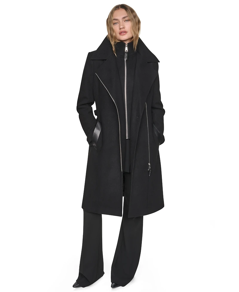 Dkny Women's Faux-Leather Trimmed Assymetrical Wrap Coat