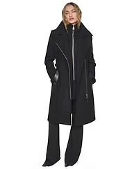Dkny Women's Faux-Leather Trimmed Assymetrical Wrap Coat